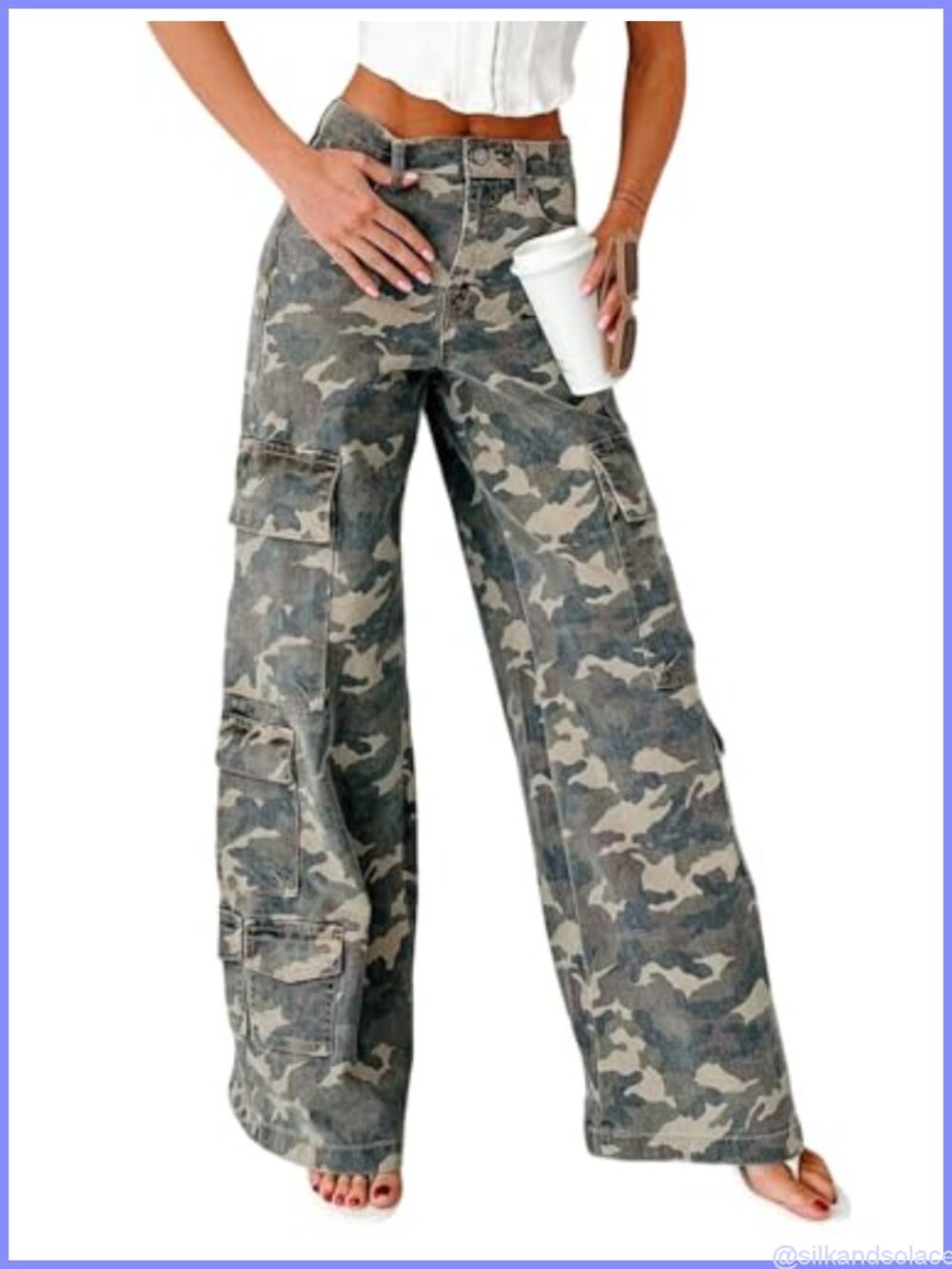 High Waisted Camo Cargo Wide Leg Jeans Multi Pockets Low Stretch Denim